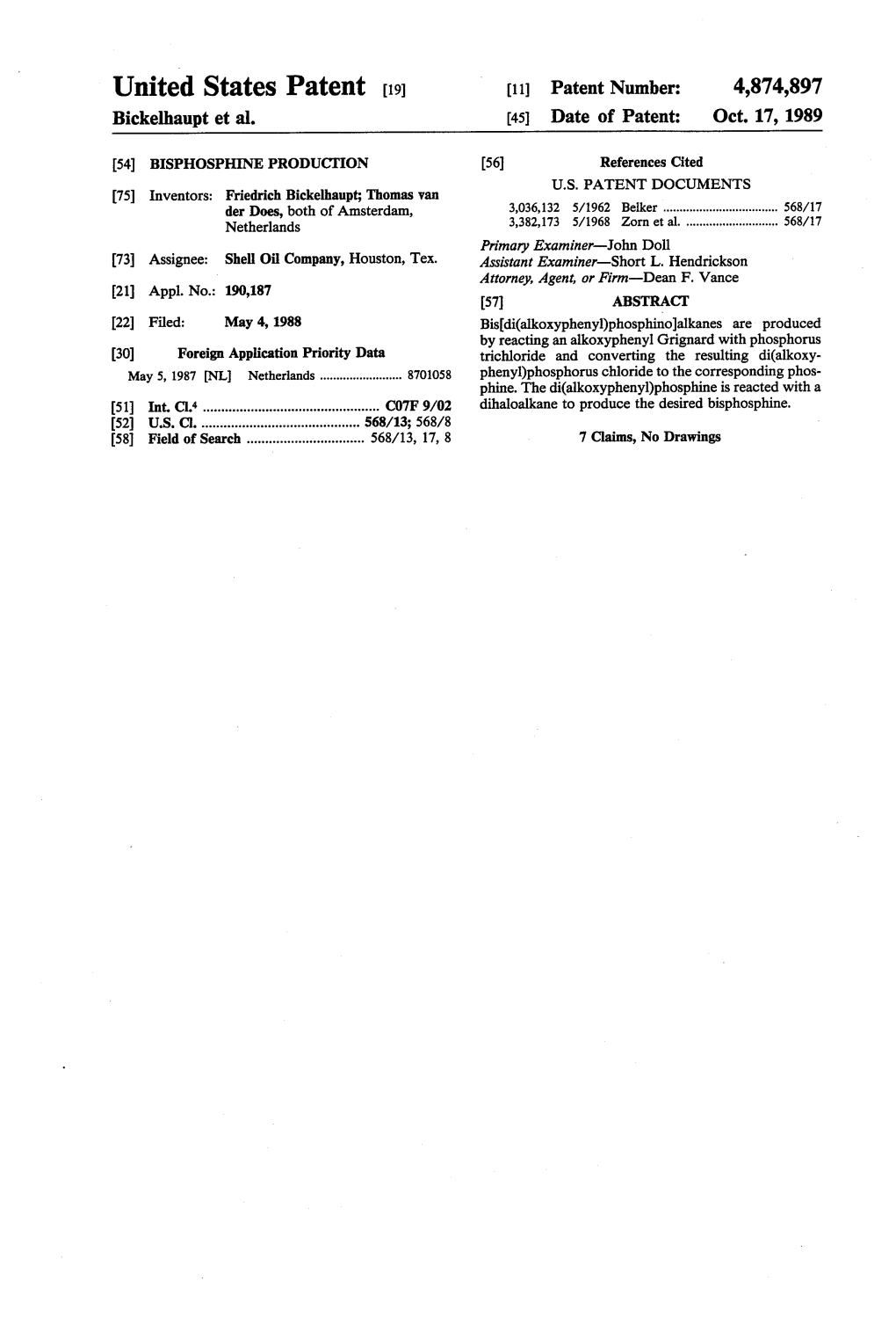 United States Patent (19) 11 Patent Number: 4,874,897 Bickelhaupt Et Al