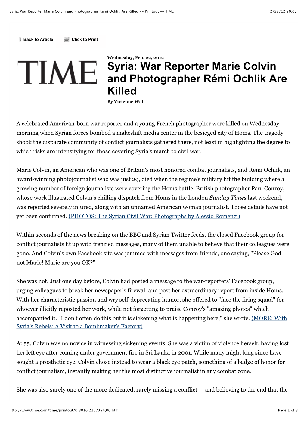 Syria: War Reporter Marie Colvin and Photographer Remi Ochlik Are Killed -- Printout -- TIME 2/22/12 20:03