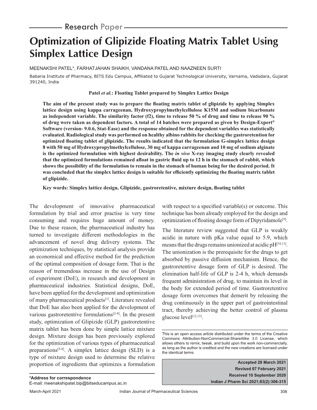 Optimization of Glipizide Floating Matrix Tablet Using Simplex Lattice Design