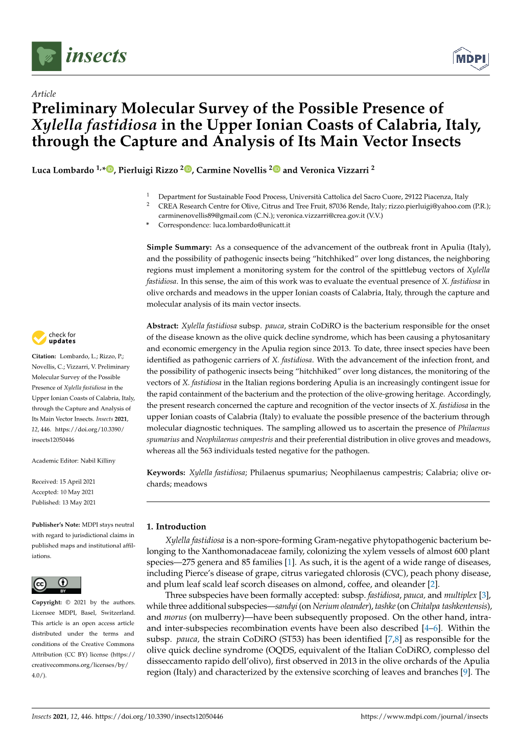 Preliminary Molecular Survey of the Possible Presence of Xylella