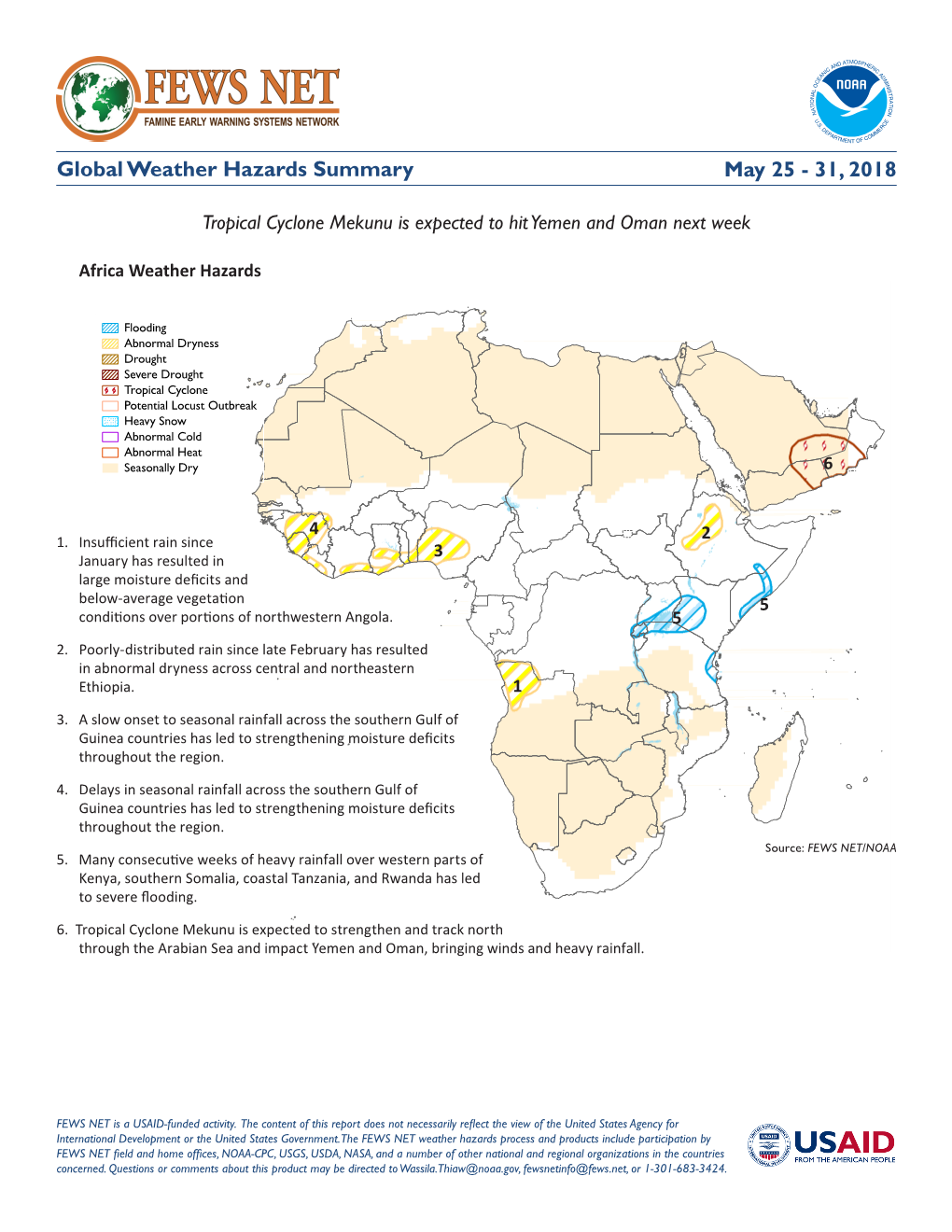 Global Weather Hazards Summary May 25 - 31, 2018