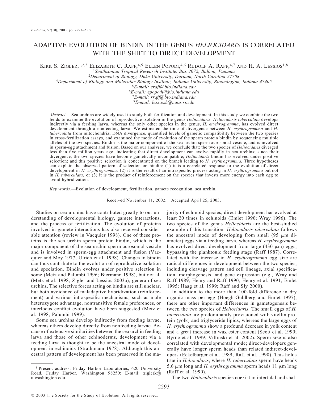 Adaptive Evolution of Bindin in the Genus Heliocidaris Is Correlated with the Shift to Direct Development