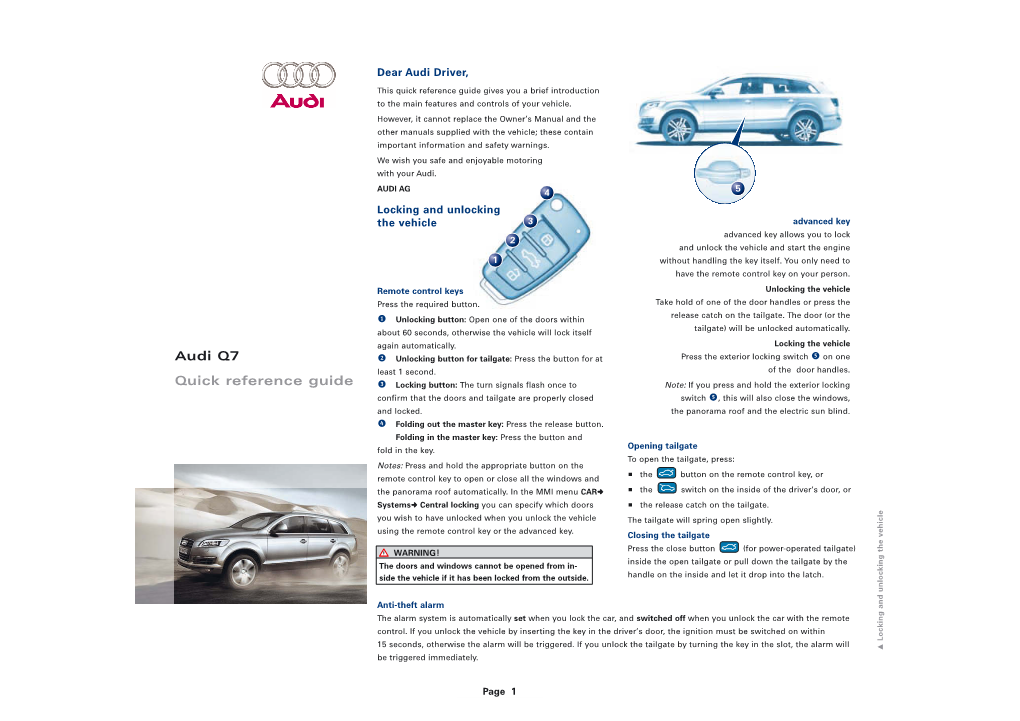 Audi Q7 Quick Reference Guide