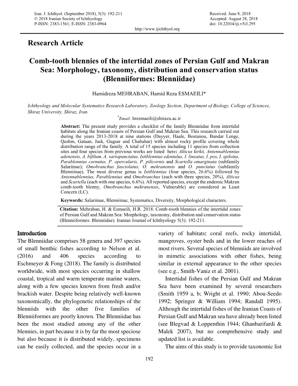 Research Article Comb-Tooth Blennies Of