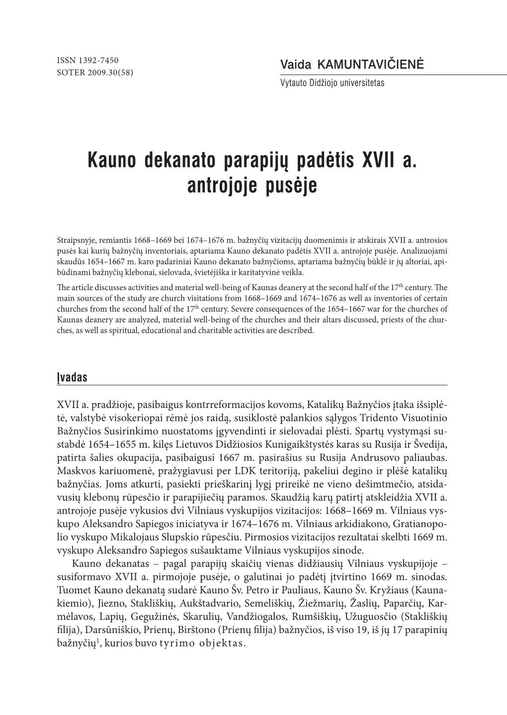 Kauno Dekanato Parapijų Padėtis XVII A. Antrojoje Pusėje