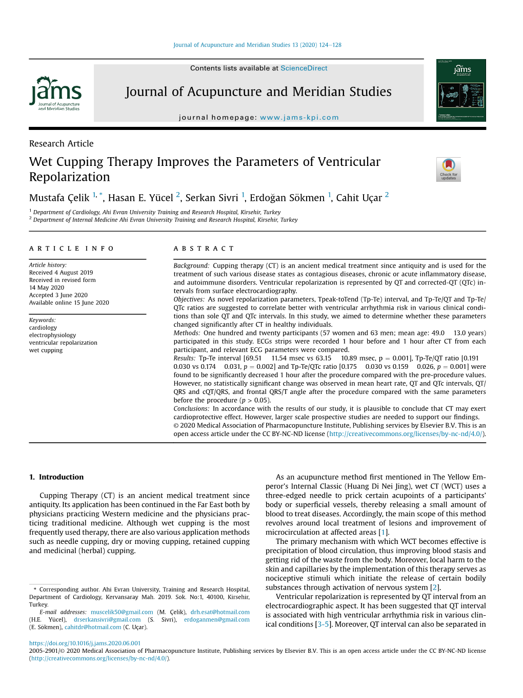 Wet Cupping Therapy Improves the Parameters of Ventricular Repolarization