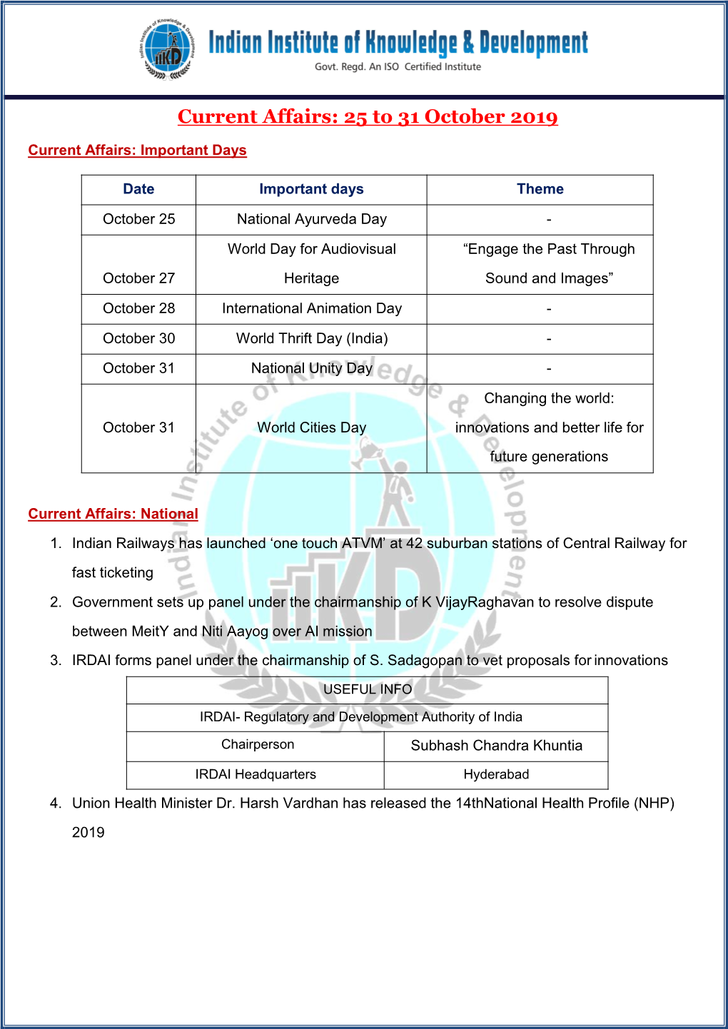 Current Affairs: 25 to 31 October 2019