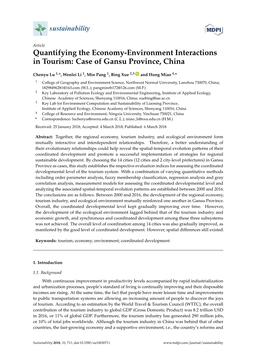 Quantifying the Economy-Environment Interactions in Tourism: Case of Gansu Province, China