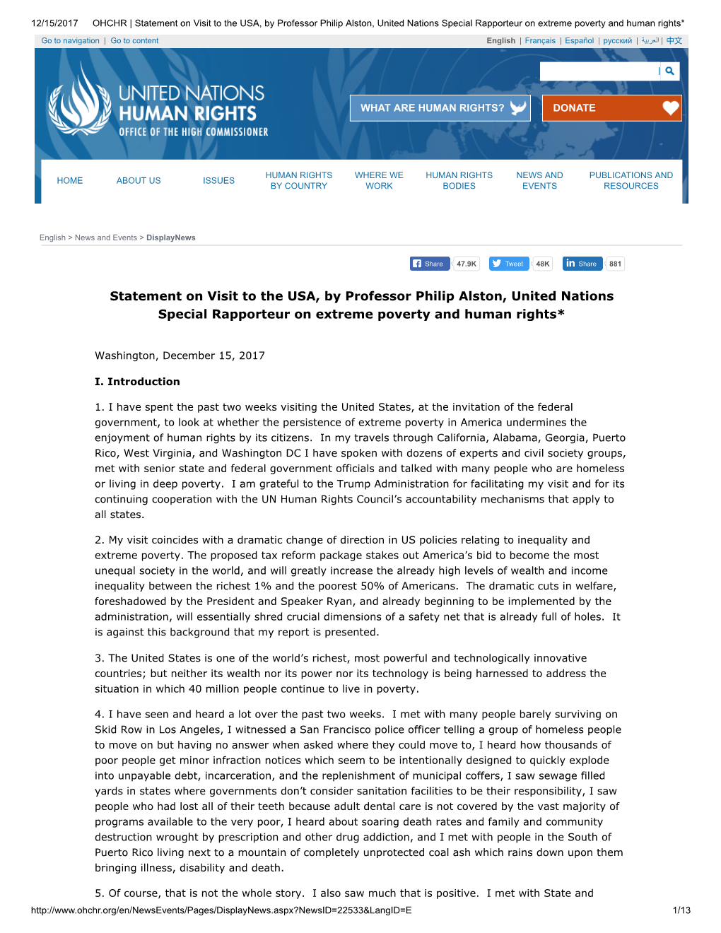Statement on Visit to the USA, by Professor Philip Alston, United Nations Special Rapporteur on Extreme Poverty and Human Rights*