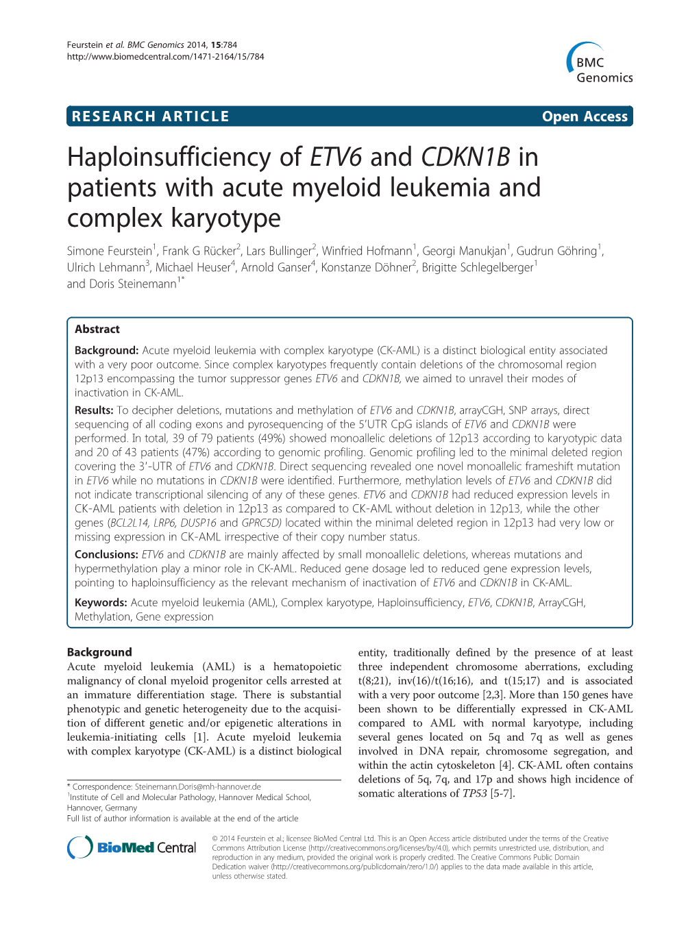 Haploinsufficiency of ETV6 and CDKN1B in Patients with Acute Myeloid Leukemia and Complex Karyotype