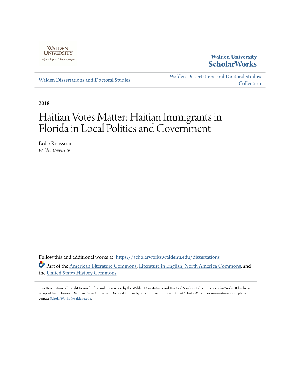 Haitian Immigrants in Florida in Local Politics and Government Bobb Rousseau Walden University