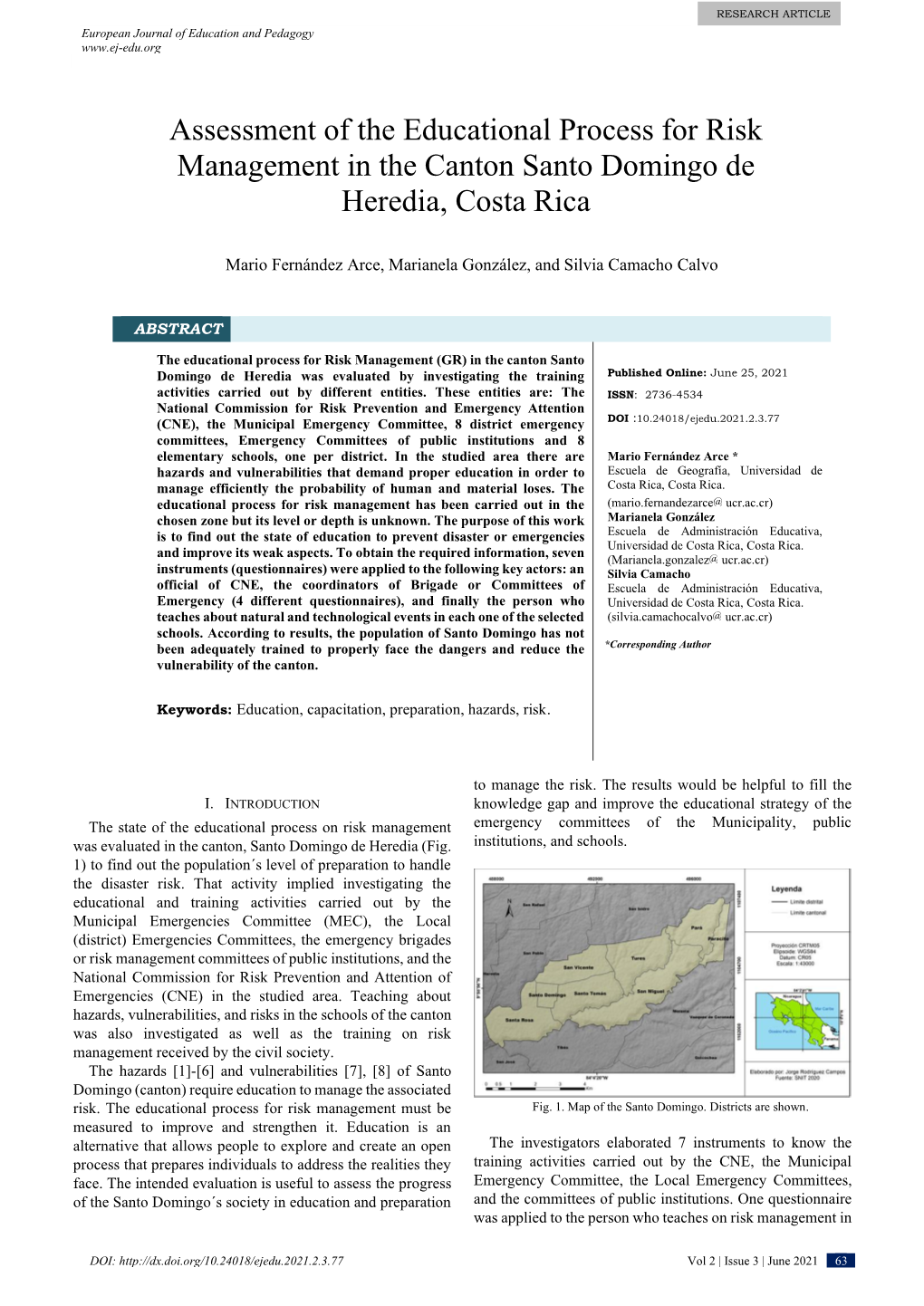 Assessment of the Educational Process for Risk Management in the Canton Santo Domingo De Heredia, Costa Rica