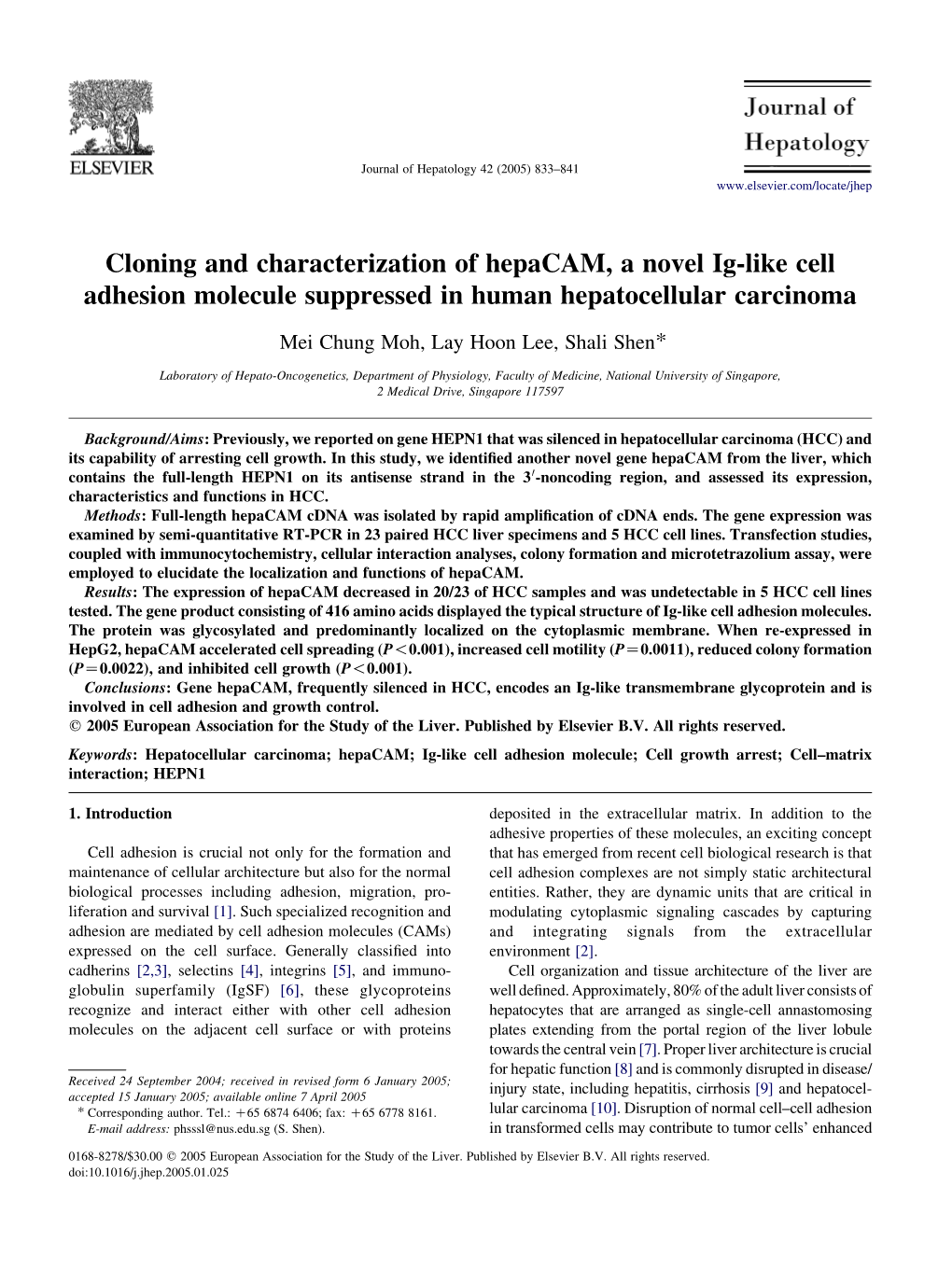 Cloning and Characterization of Hepacam, a Novel Ig-Like Cell Adhesion Molecule Suppressed in Human Hepatocellular Carcinoma