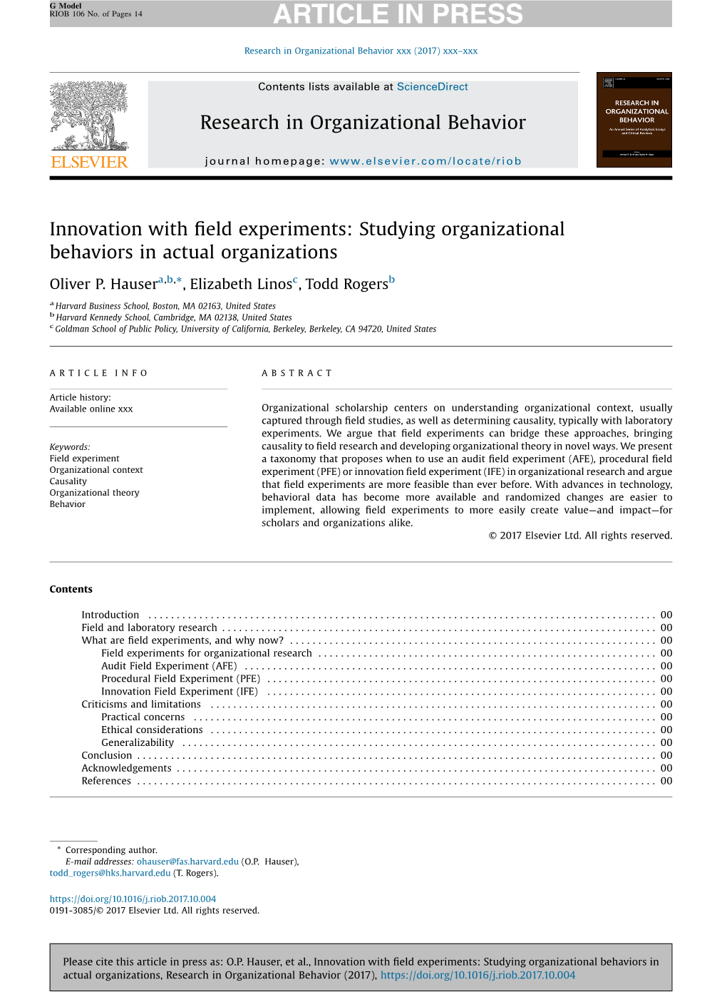 Innovation with Field Experiments: Studying Organizational Behaviors