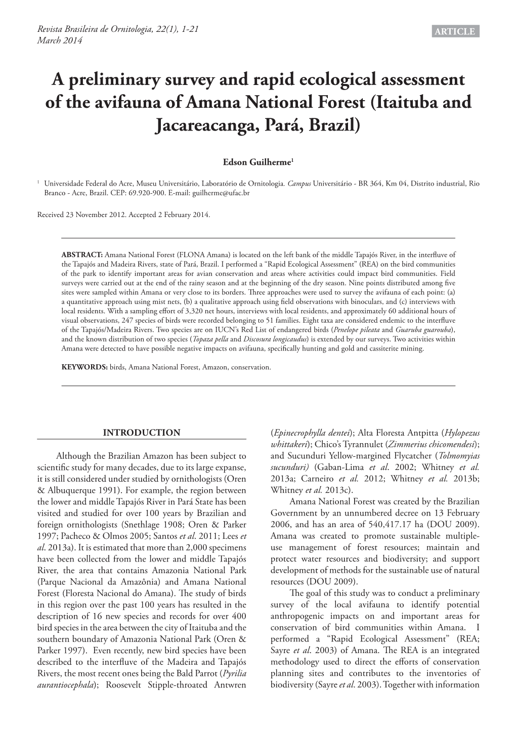 A Preliminary Survey and Rapid Ecological Assessment of the Avifauna of Amana National Forest (Itaituba and Jacareacanga, Pará, Brazil)