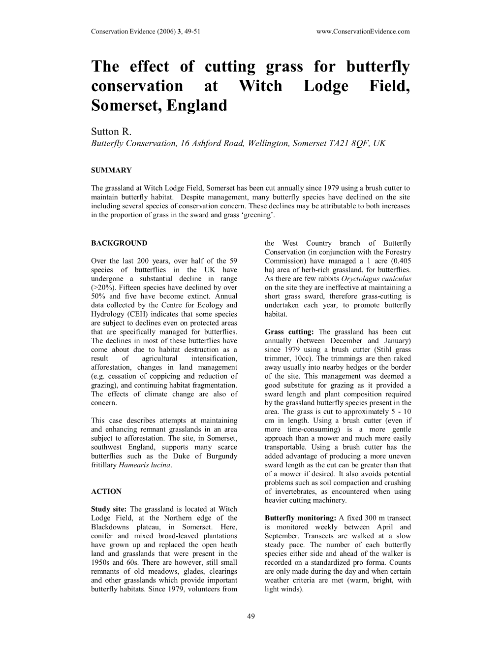 The Effect of Cutting Grass for Butterfly Conservation at Witch Lodge Field, Somerset, England