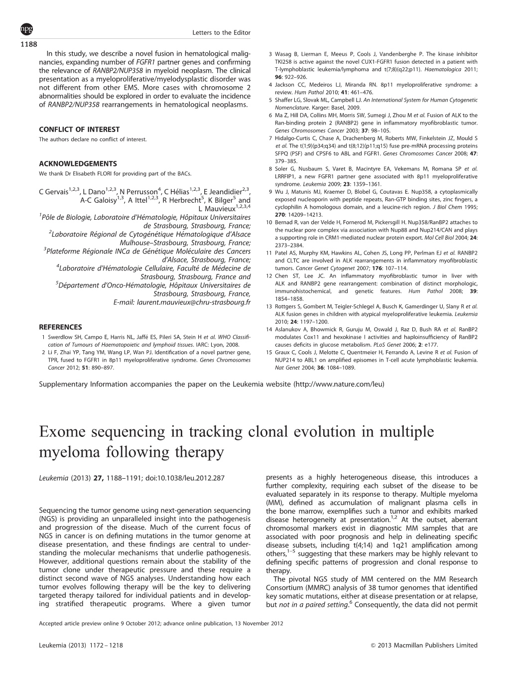 Exome Sequencing in Tracking Clonal Evolution in Multiple Myeloma Following Therapy