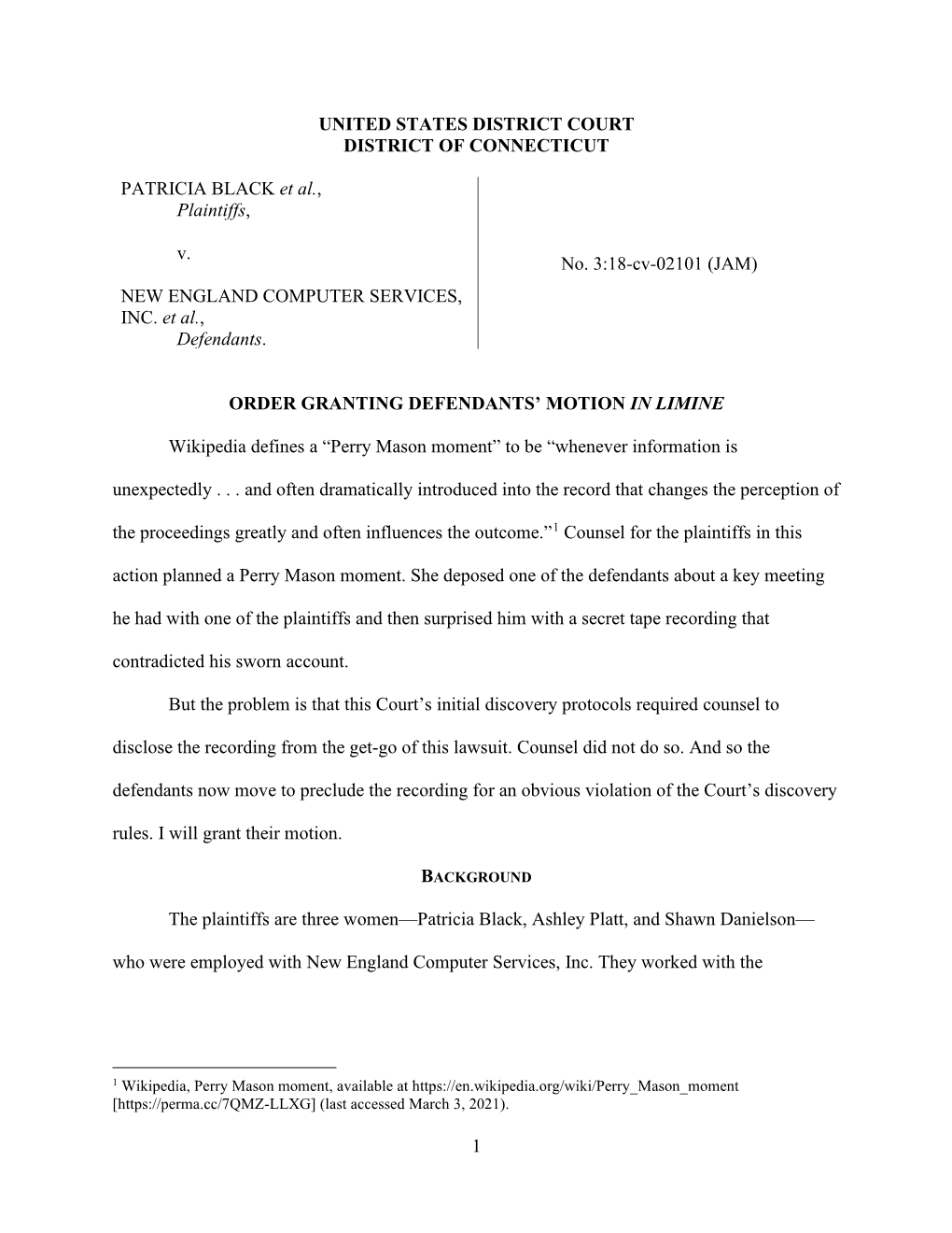 1 United States District Court District of Connecticut