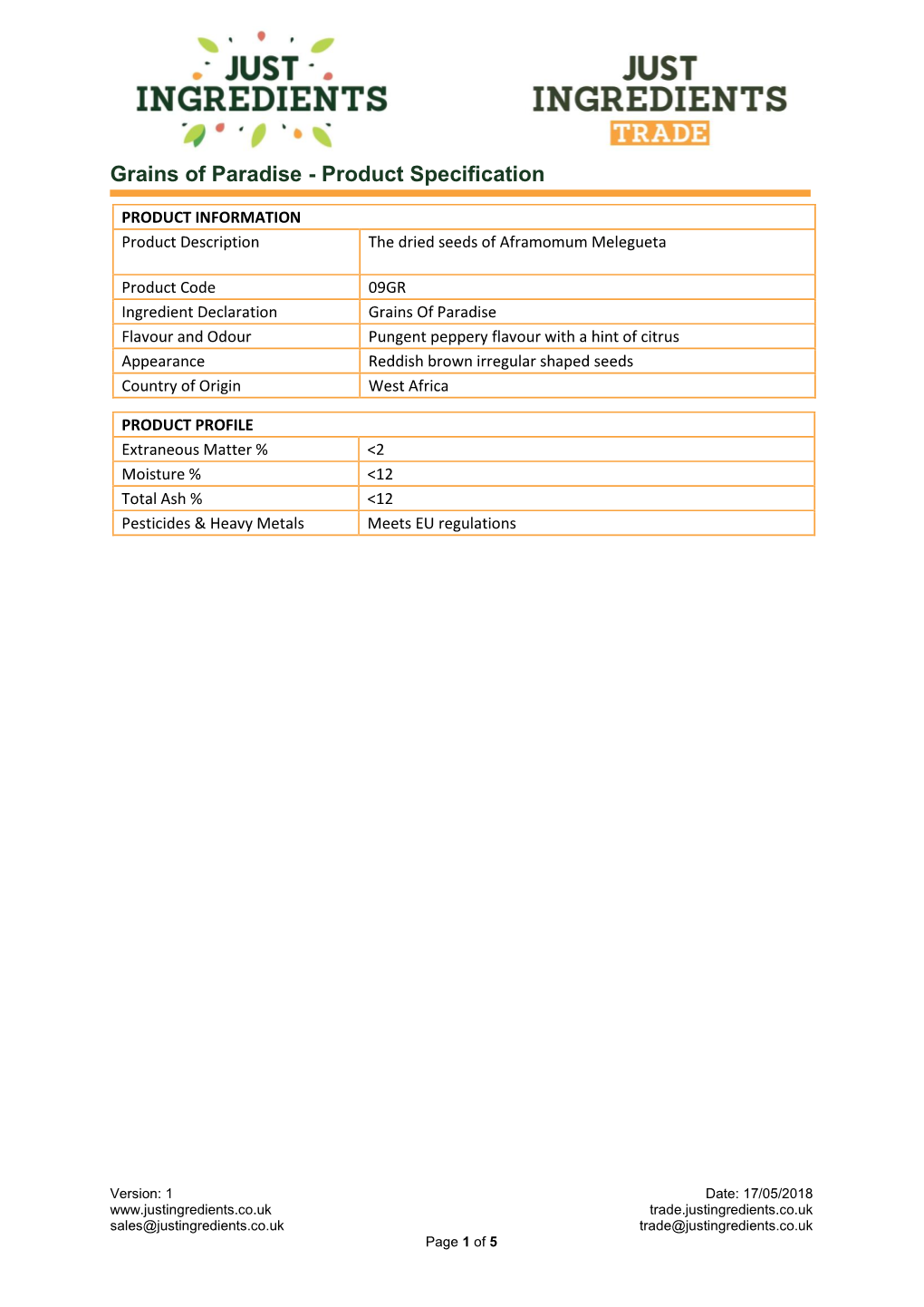 Grains of Paradise - Product Specification