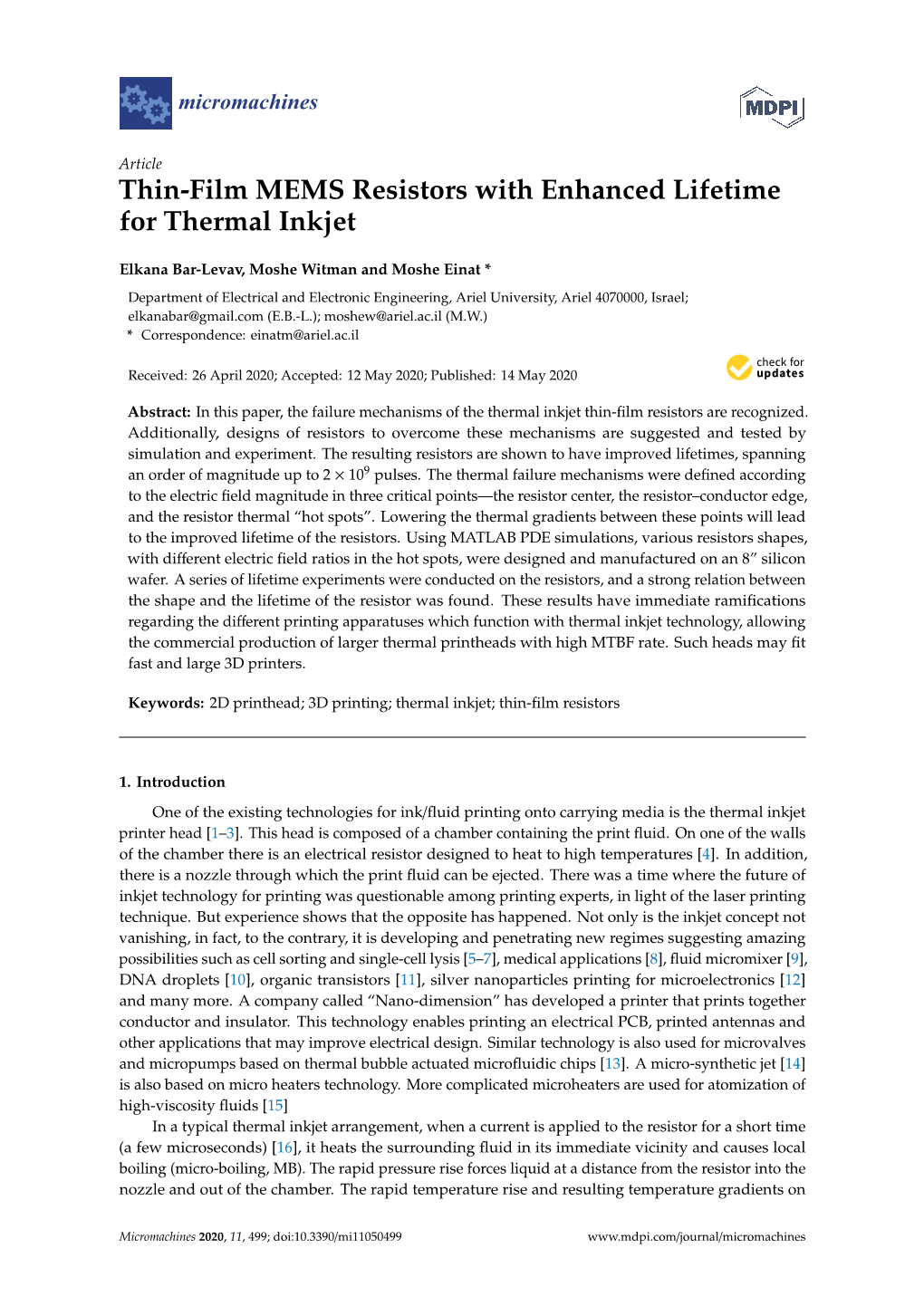 Thin-Film MEMS Resistors with Enhanced Lifetime for Thermal Inkjet