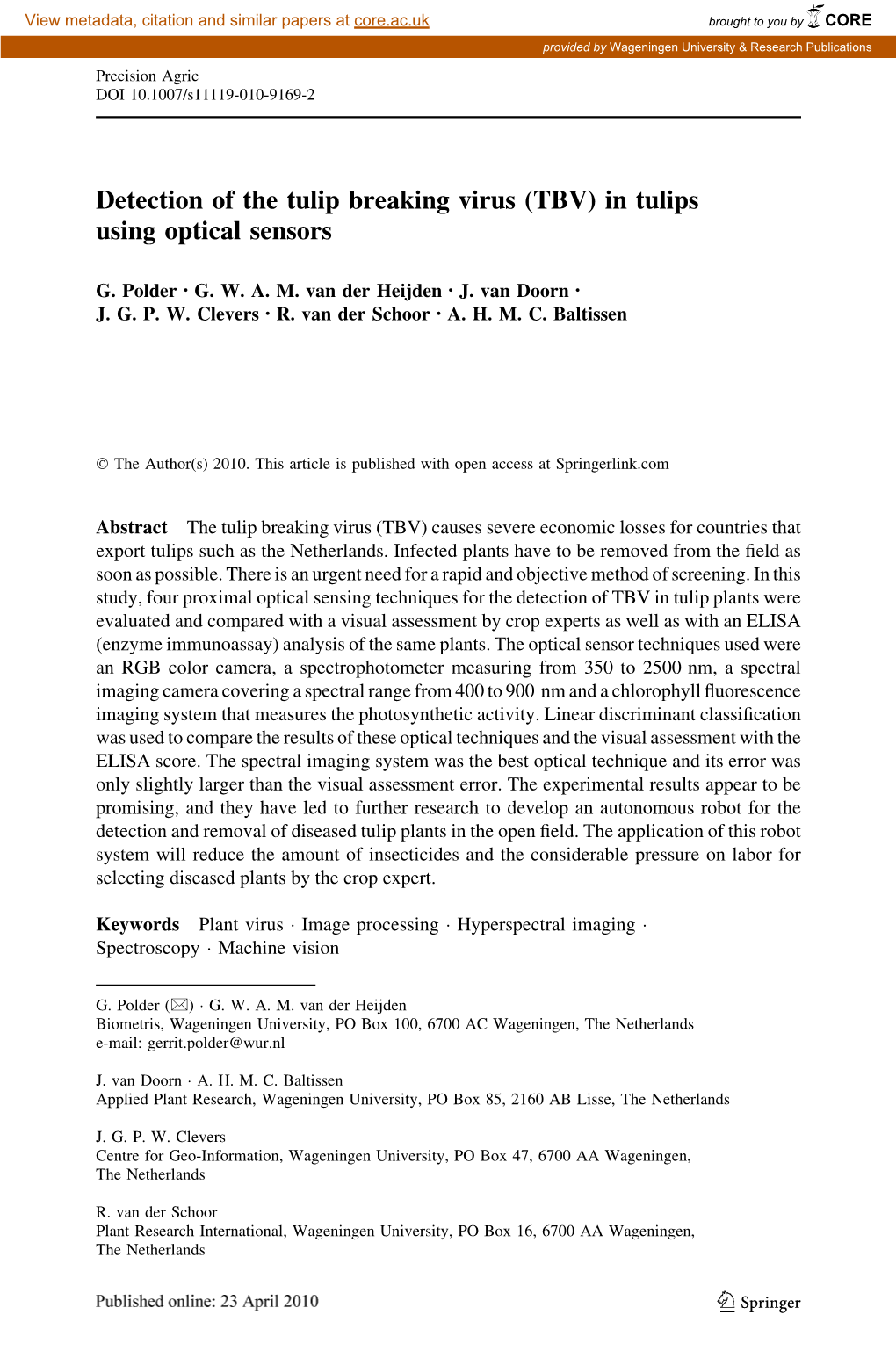 Detection of the Tulip Breaking Virus (TBV) in Tulips Using Optical Sensors