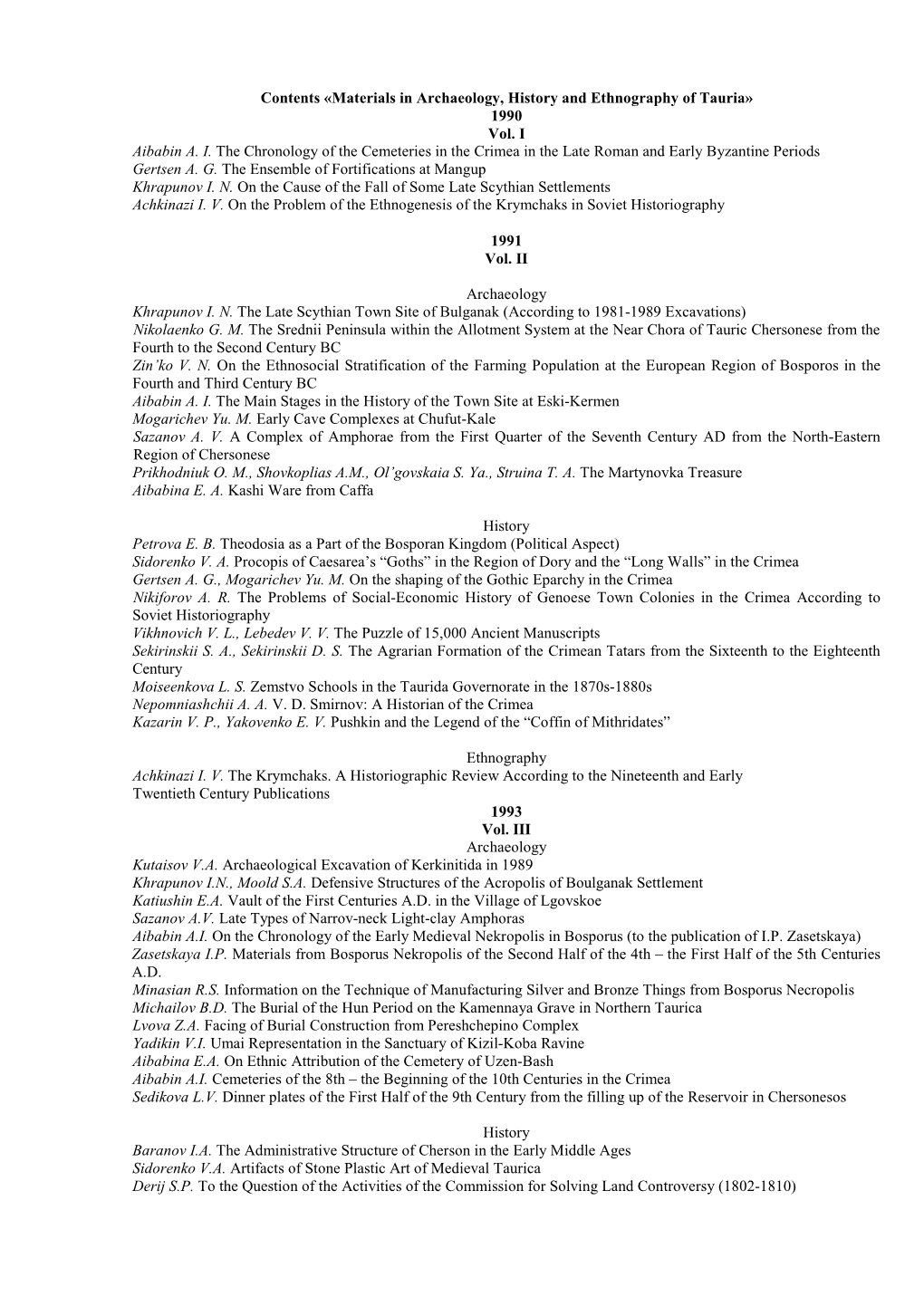 Contents «Materials in Archaeology, History and Ethnography of Tauria» 1990 Vol