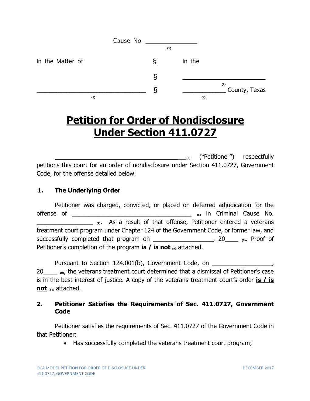 Petition for Order of Nondisclosure Under Section 411.0727