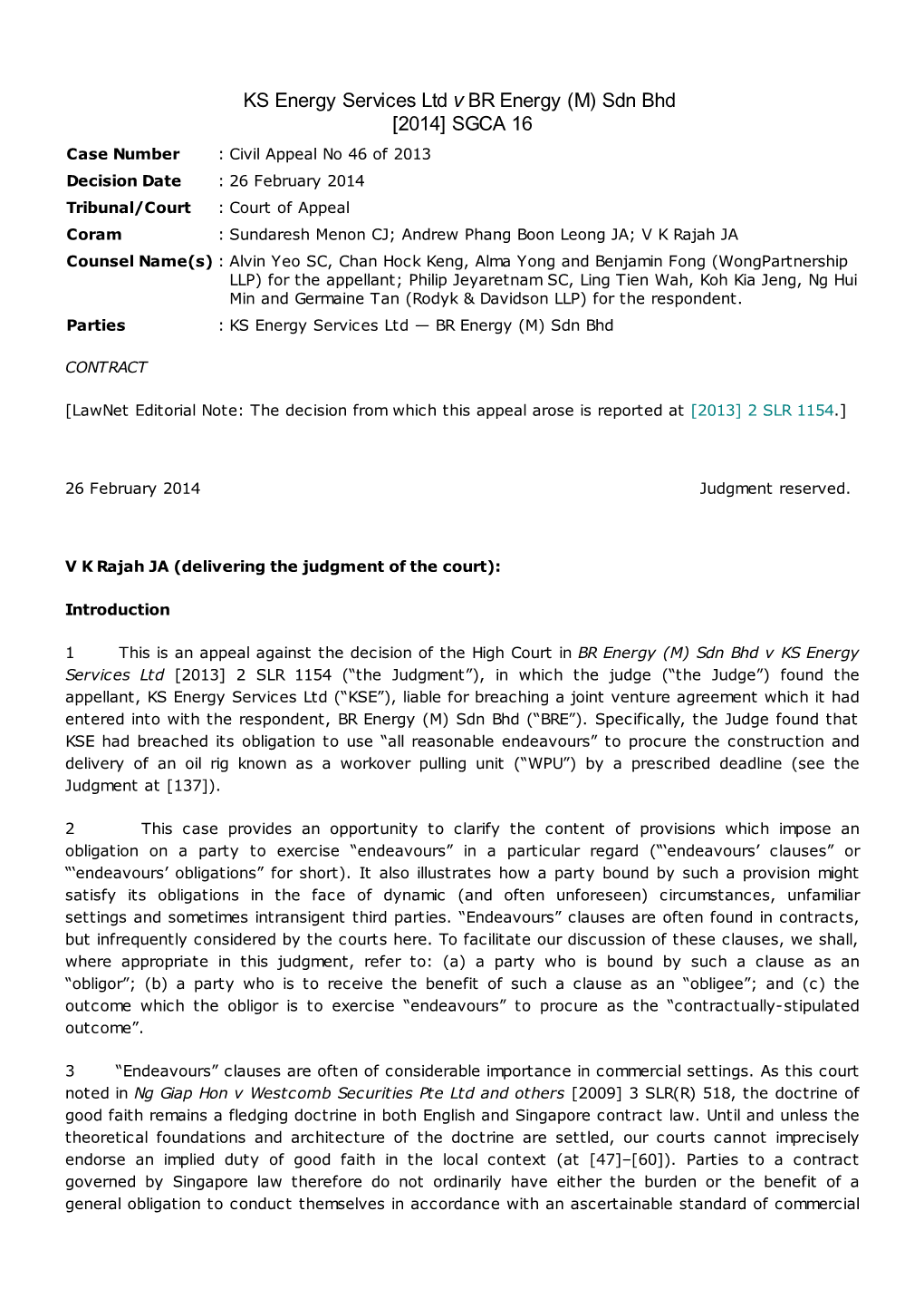 KS Energy Services Ltd V BR Energy