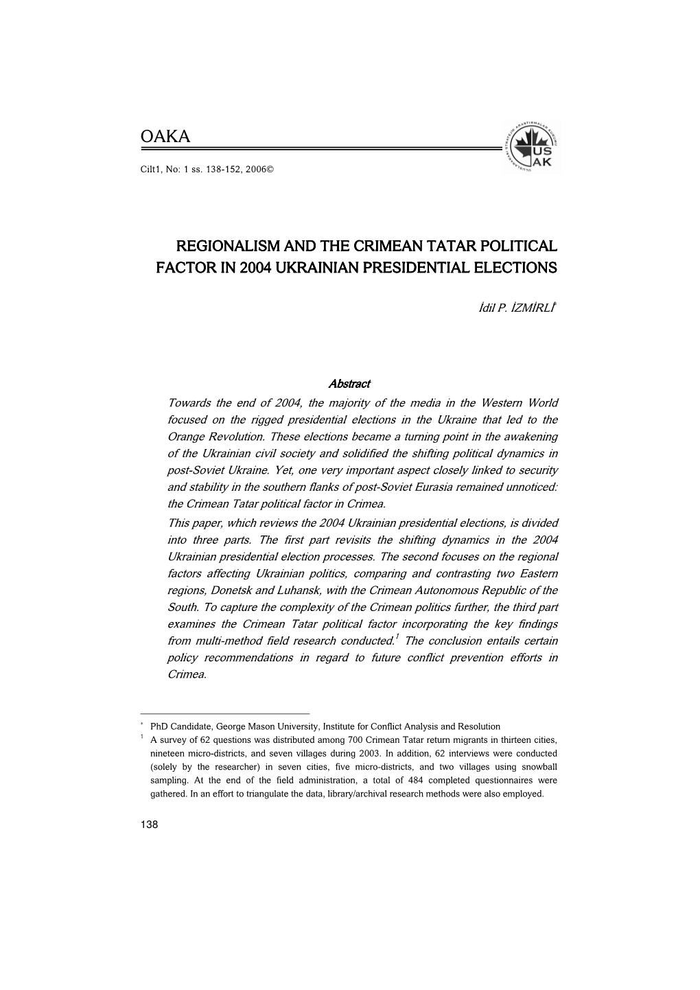 Regionalism and the Crimean Tatar Political Factor in 2004 Ukrainian Presidential Elections