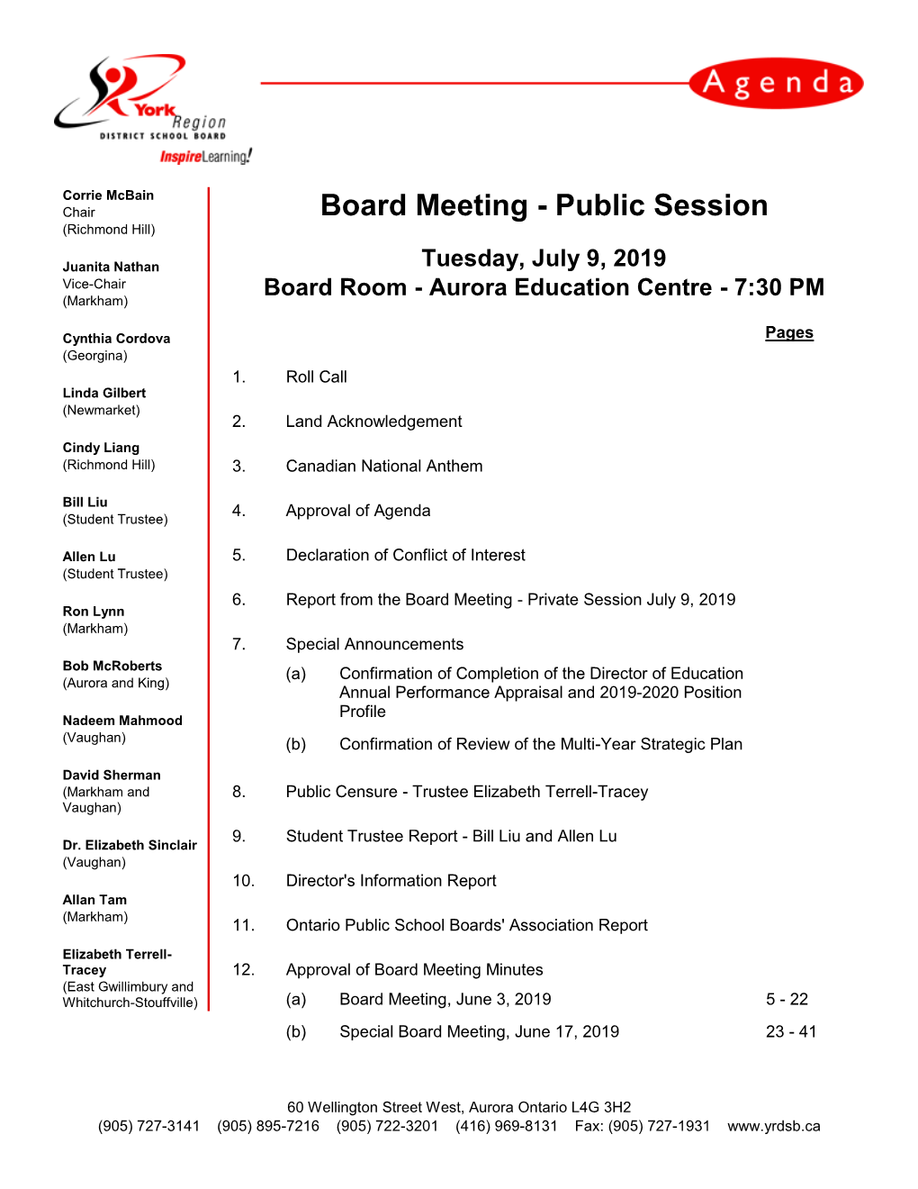 Board Meeting - Public Session (Richmond Hill)