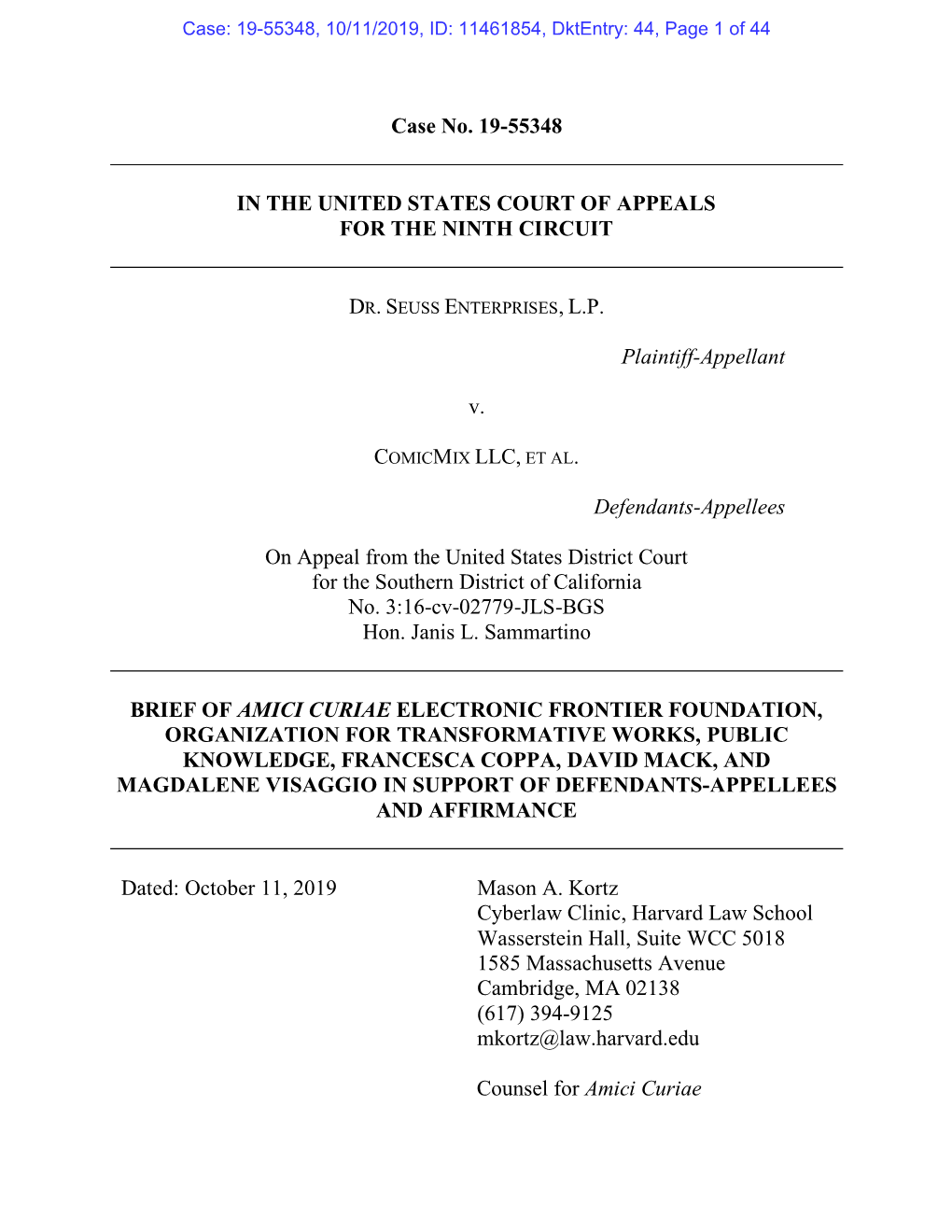 Case No. 19-55348 in the UNITED STATES COURT of APPEALS