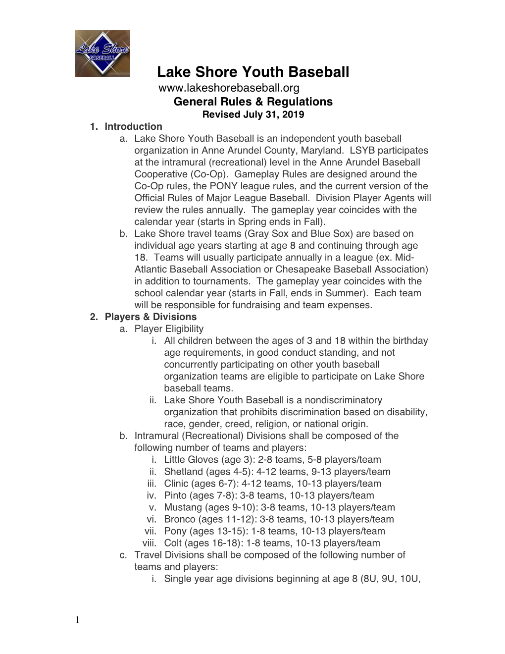 Lake Shore Youth Baseball General Rules & Regulations Revised July 31, 2019 1