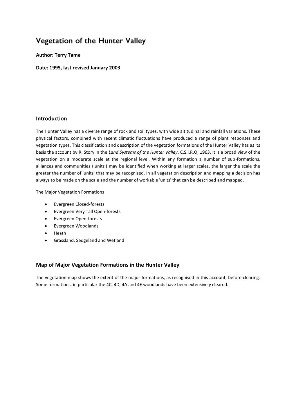 Introduction Map of Major Vegetation Formations in the Hunter Valley