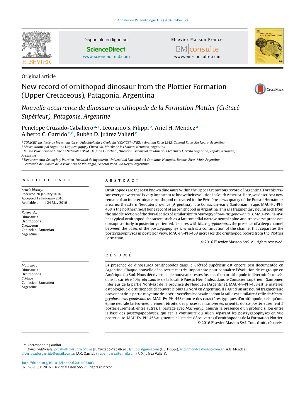 New Record of Ornithopod Dinosaur from the Plottier Formation (Upper