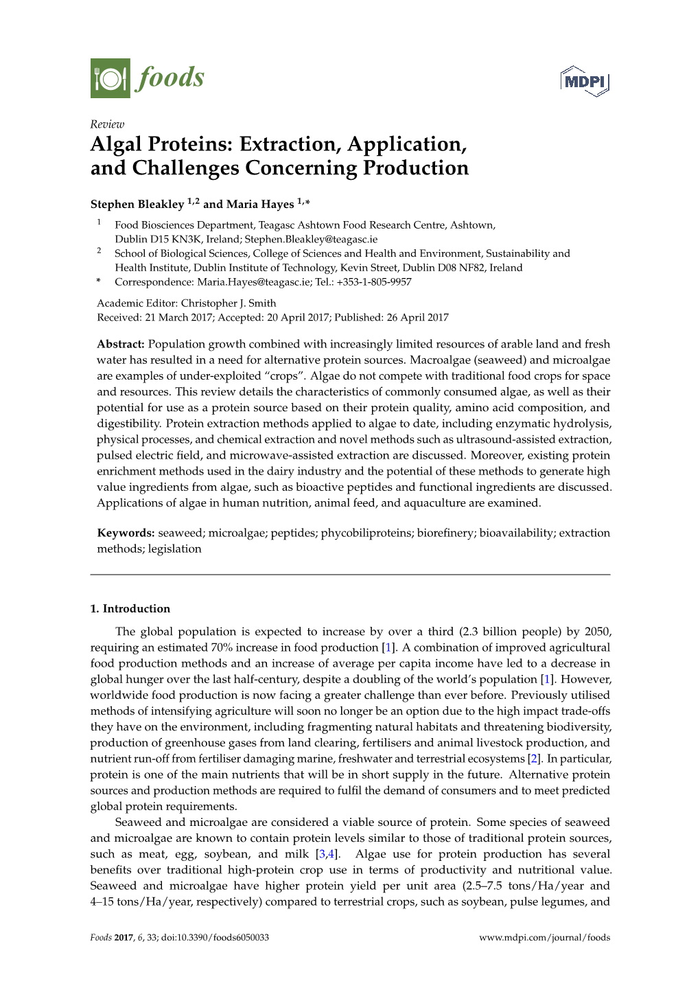 Algal Proteins: Extraction, Application, and Challenges Concerning Production