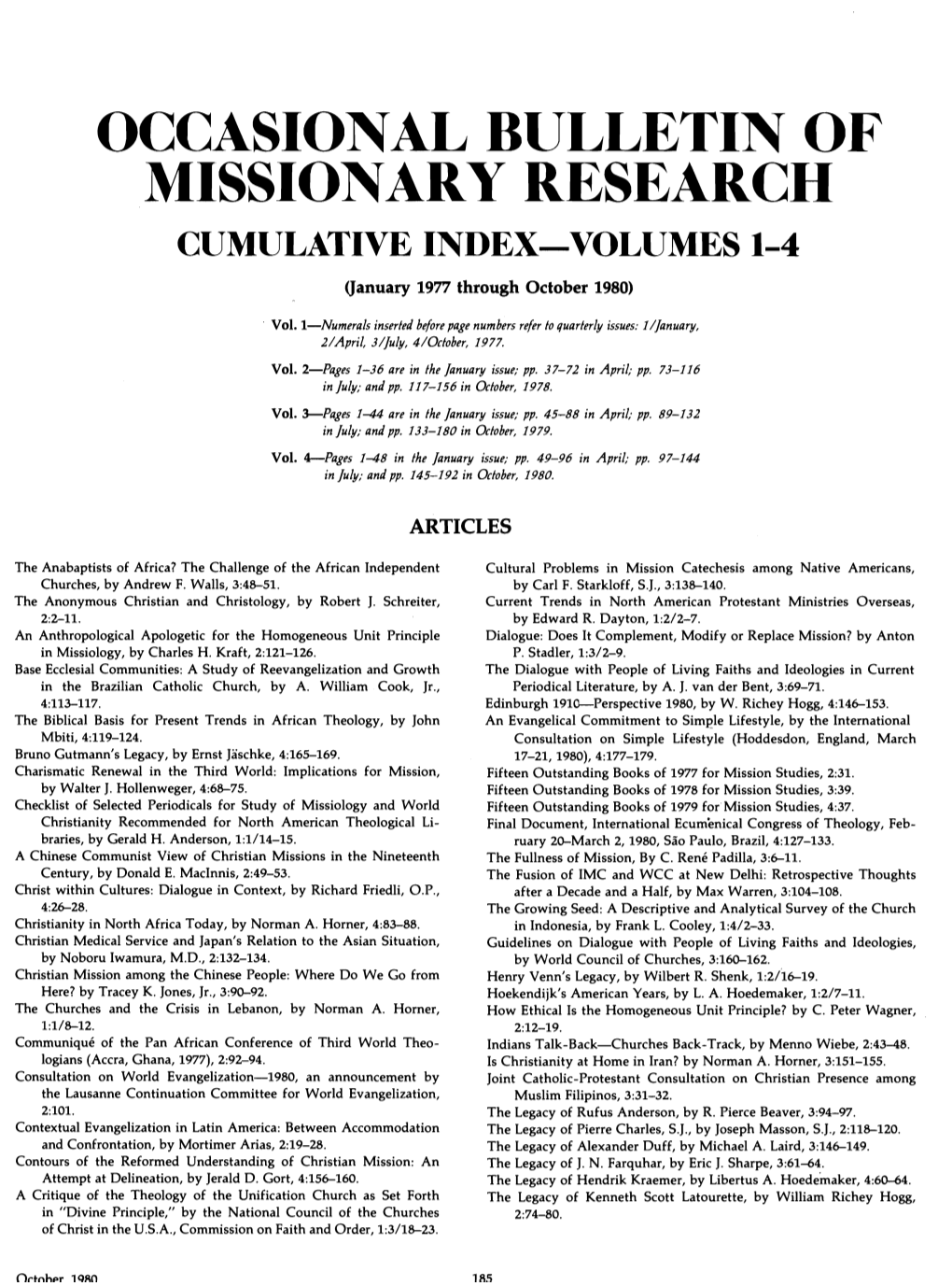 OCCASIONAL BULLETIN of MISSIONARY RESEARCH CUMULATIVE INDEX-VOLUMES 1-4 (January 1977 Through October 1980)