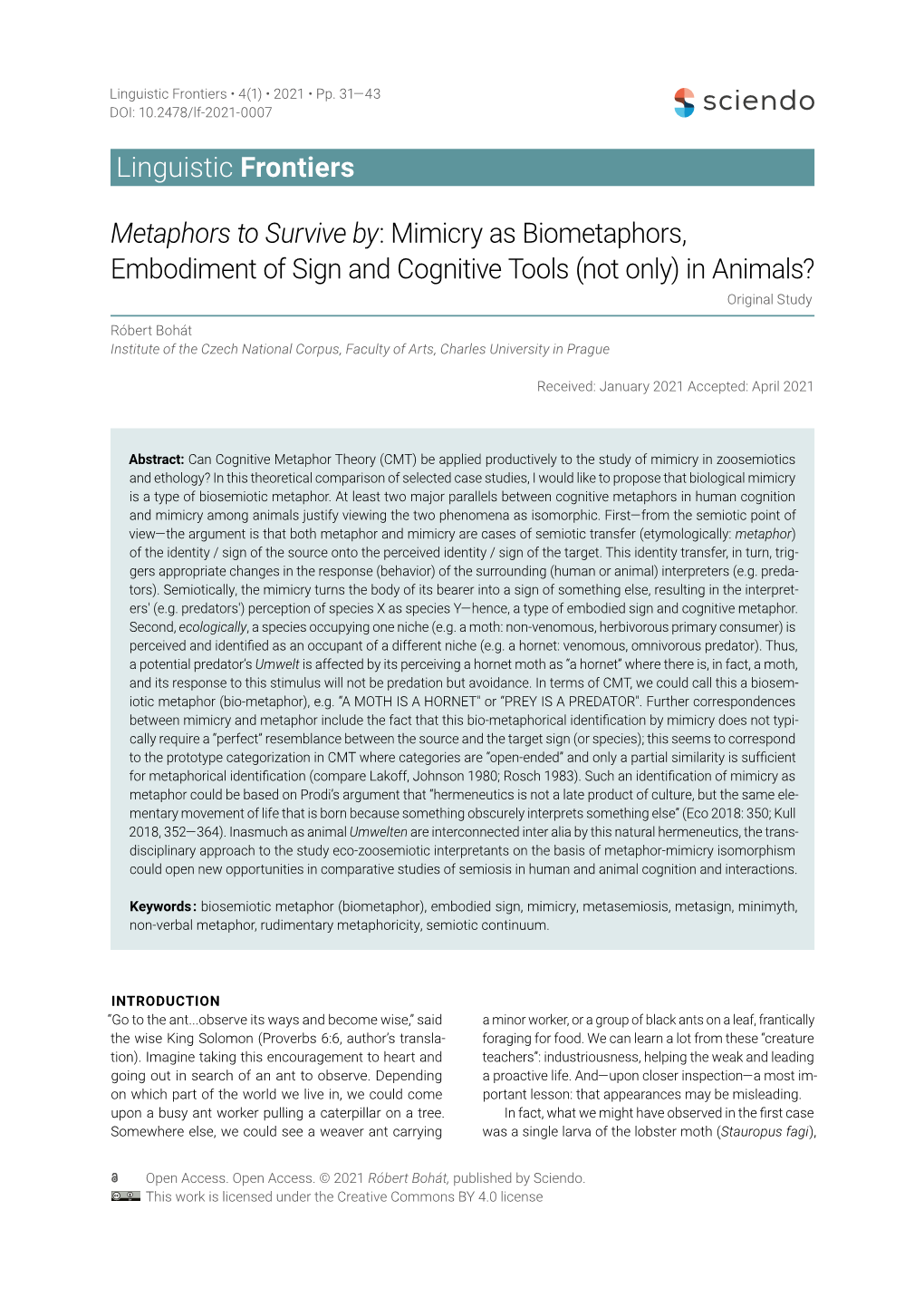 Metaphors to Survive By: Mimicry As Biometaphors, Embodiment of Sign and Cognitive Tools (Not Only) in Animals? Original Study