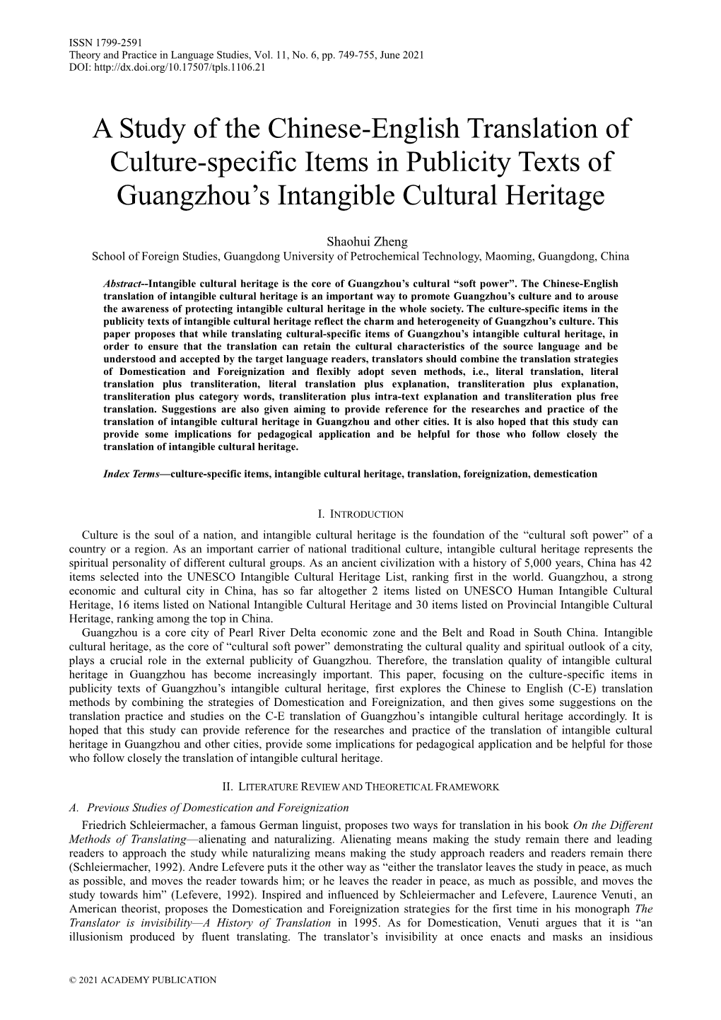 A Study of the Chinese-English Translation of Culture-Specific Items in Publicity Texts of Guangzhou’S Intangible Cultural Heritage