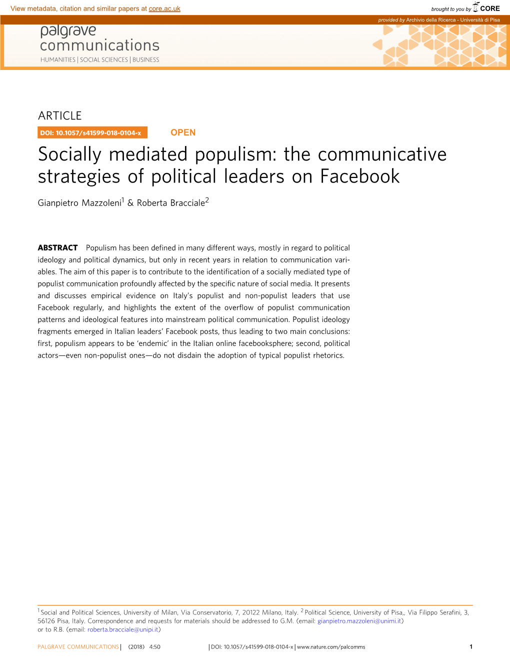 Socially Mediated Populism: the Communicative Strategies of Political Leaders on Facebook