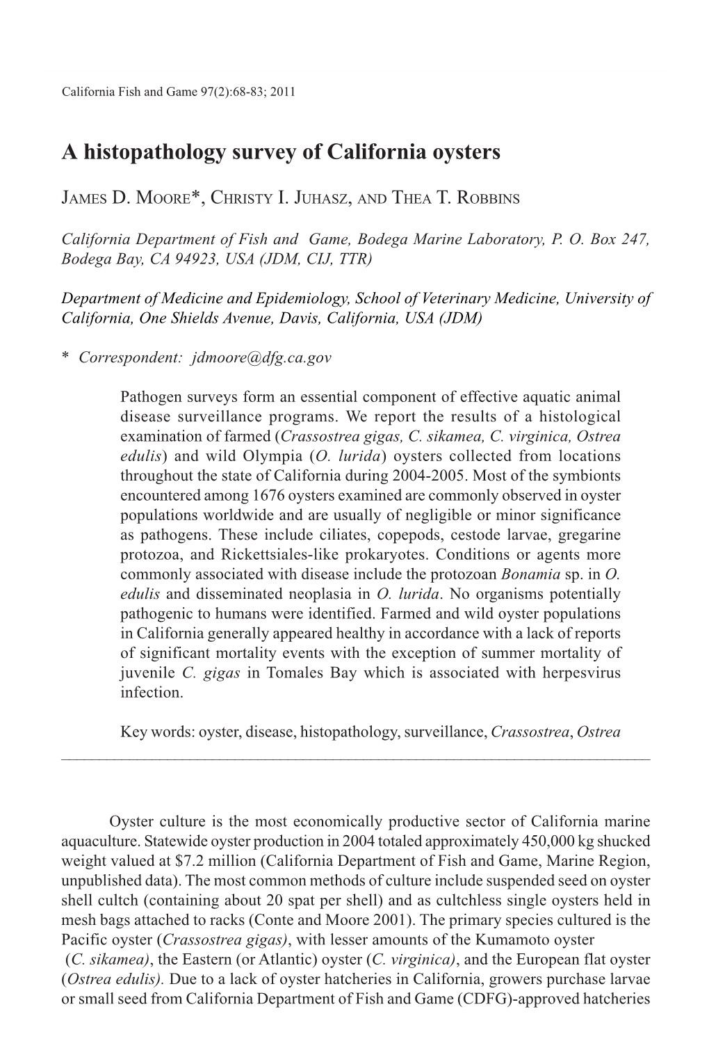 A Histopathology Survey of California Oysters