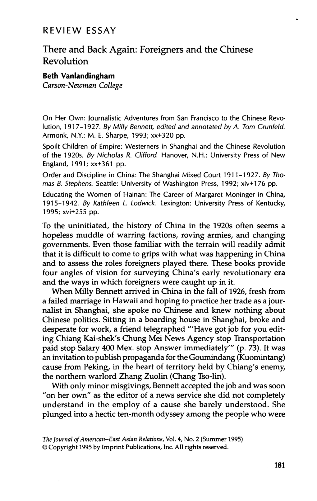Foreigners and the Chinese Revolution Beth Vanlandingham Carson-Newman College