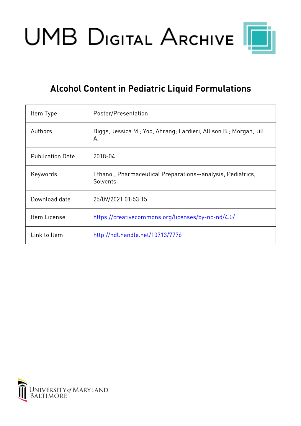 Alcohol Content in Pediatric Liquid Formulations