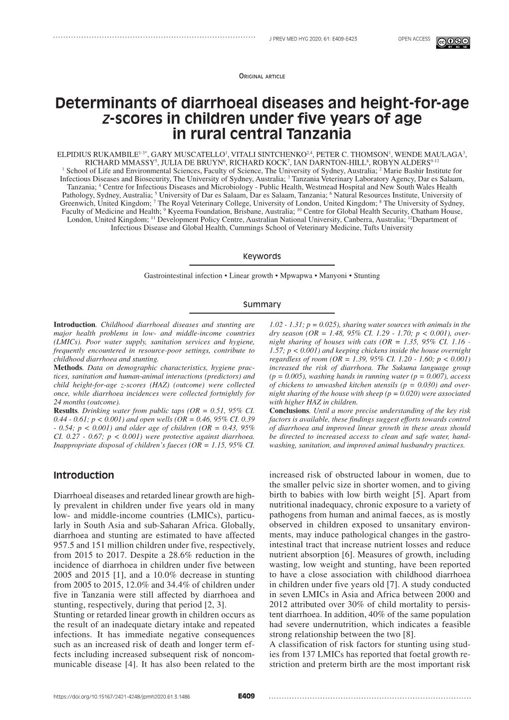 Determinants of Diarrhoeal Diseases and Height-For-Age Z-Scores in Children Under Five Years of Age in Rural Central Tanzania