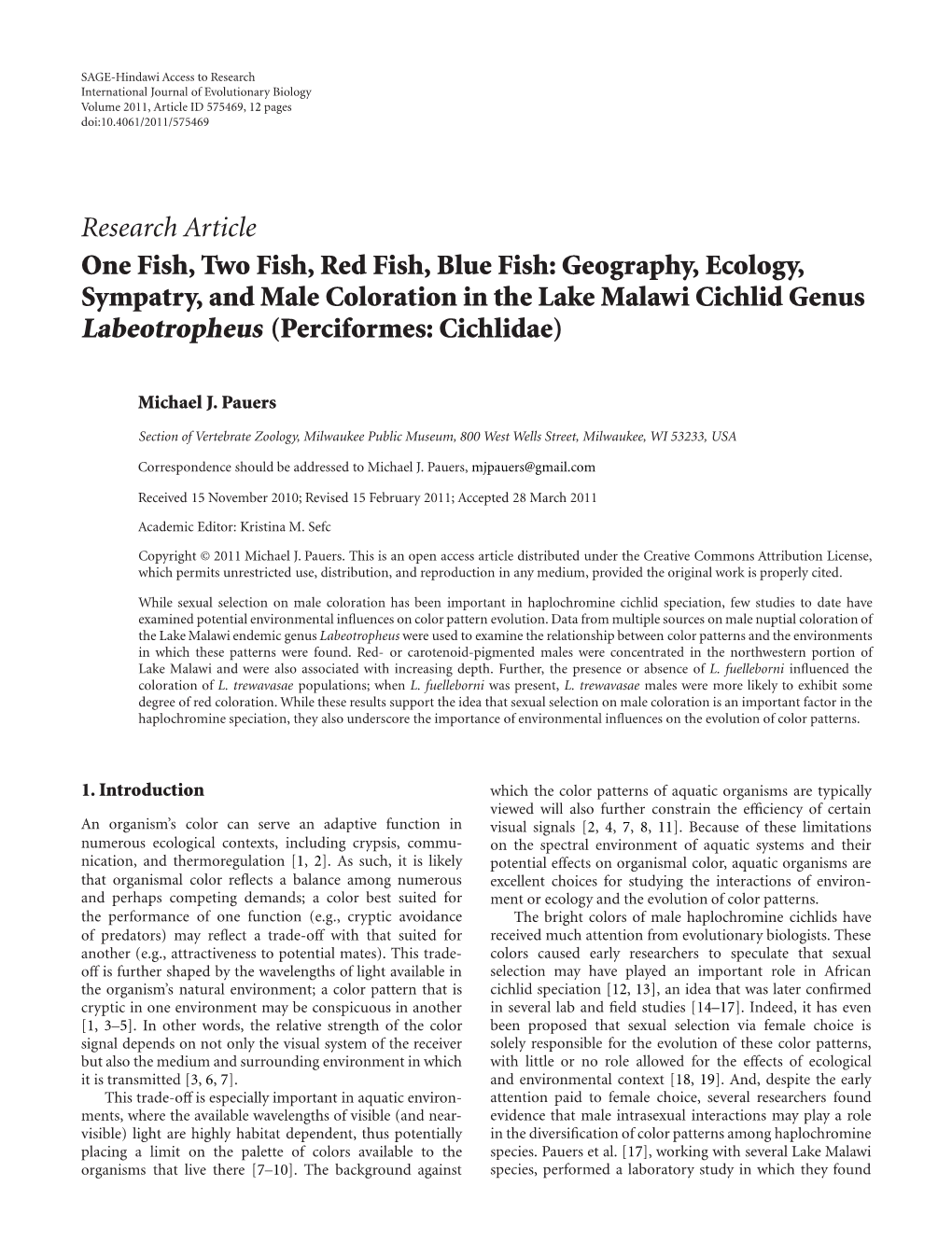 One Fish, Two Fish, Red Fish, Blue Fish: Geography, Ecology, Sympatry, and Male Coloration in the Lake Malawi Cichlid Genus Labeotropheus (Perciformes: Cichlidae)