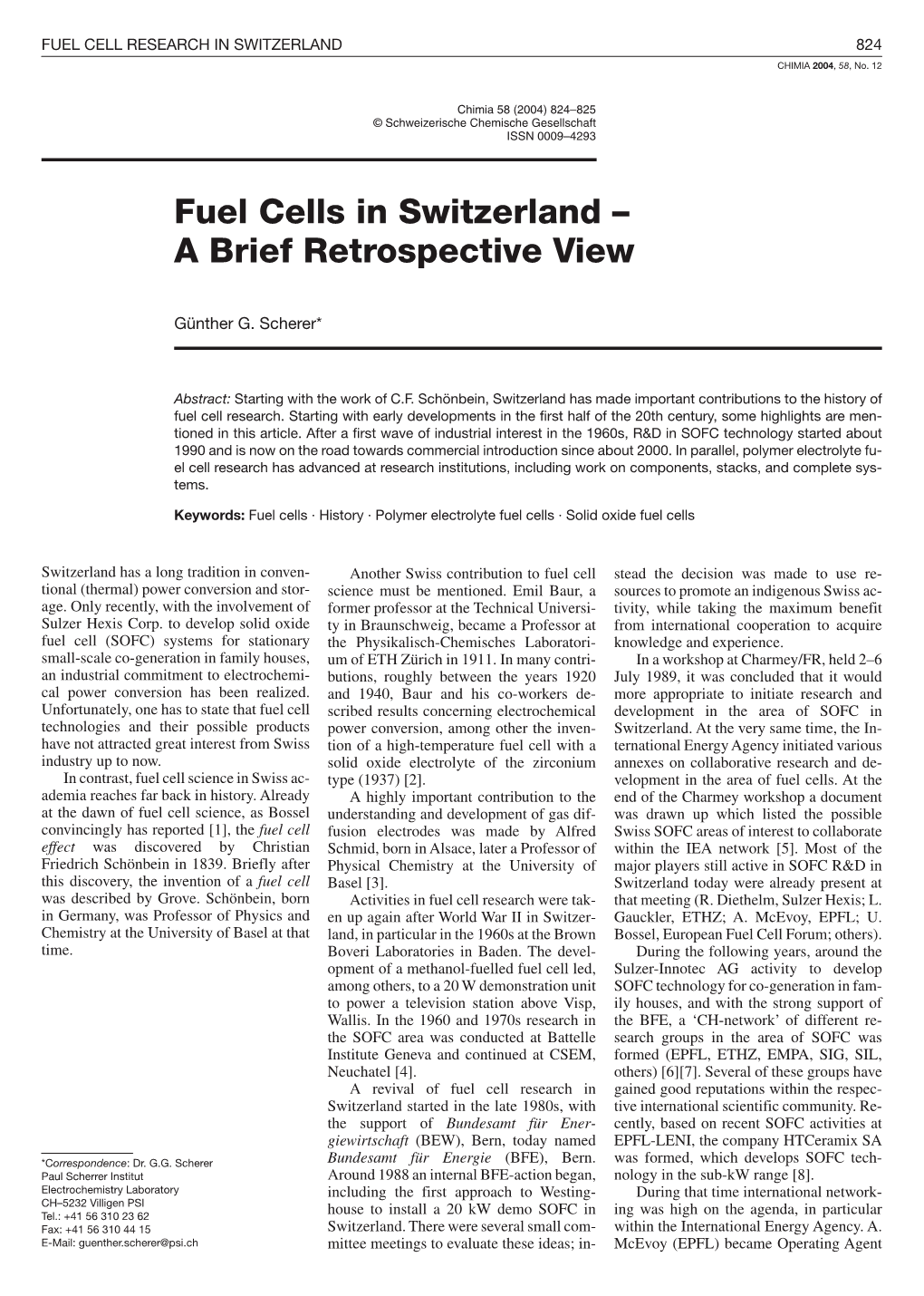 Fuel Cells in Switzerland ÂŒ a Brief Retrospective View