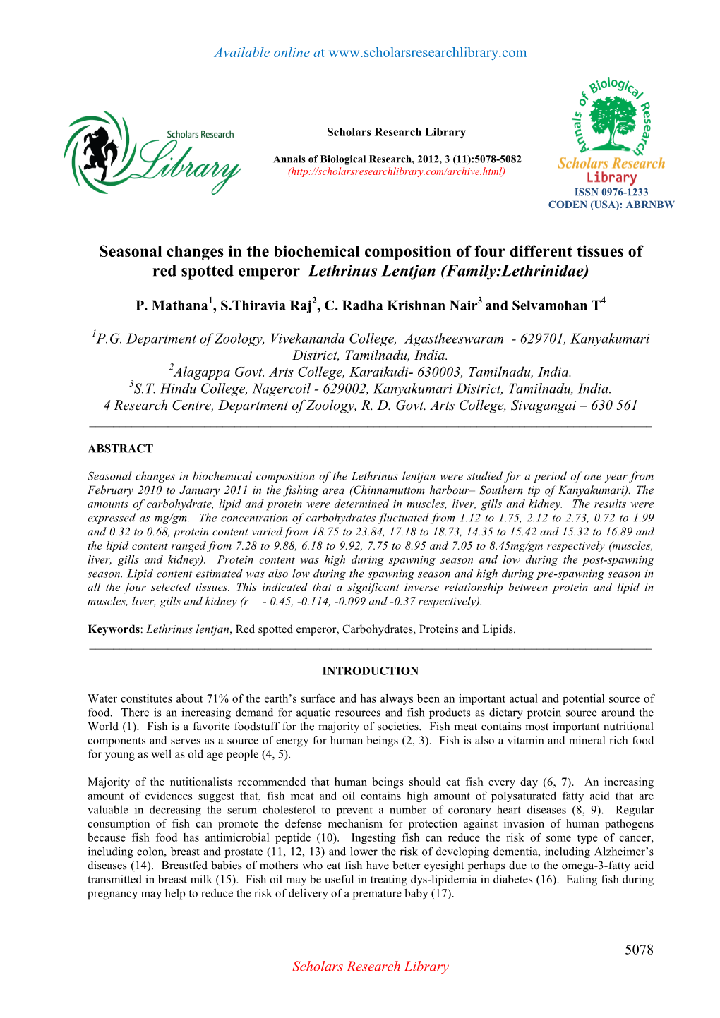 Seasonal Changes in the Biochemical Composition of Four Different Tissues of Red Spotted Emperor Lethrinus Lentjan (Family:Lethrinidae)