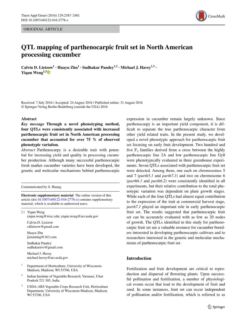 QTL Mapping of Parthenocarpic Fruit Set in North American Processing Cucumber