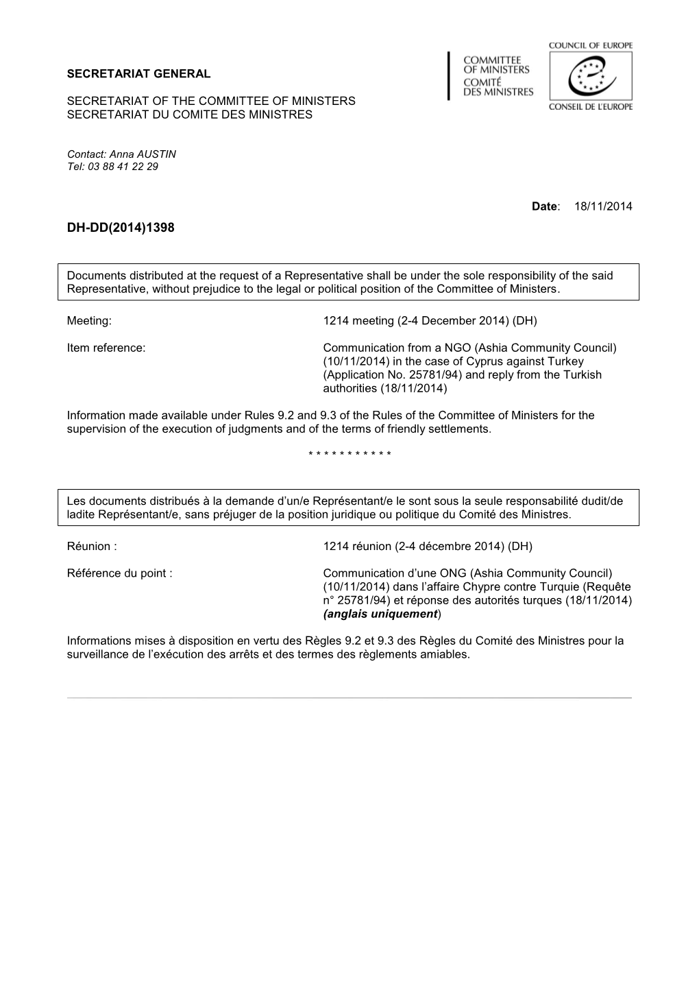 Committee of Ministers Secretariat Du Comite Des Ministres