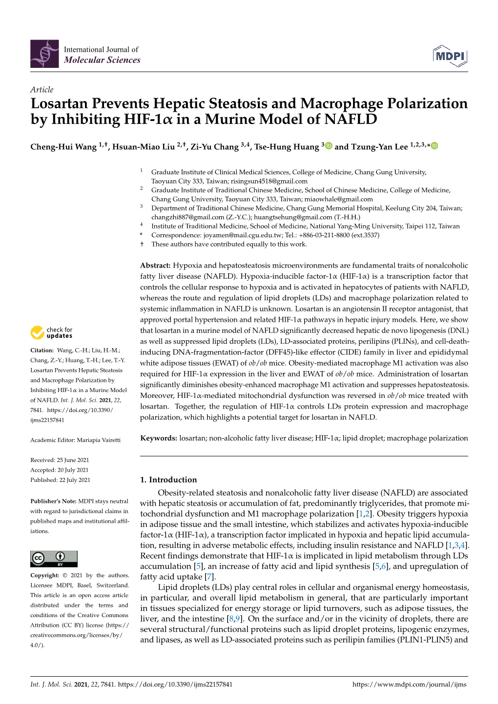 Losartan Prevents Hepatic Steatosis and Macrophage Polarization by Inhibiting HIF-1Α in a Murine Model of NAFLD