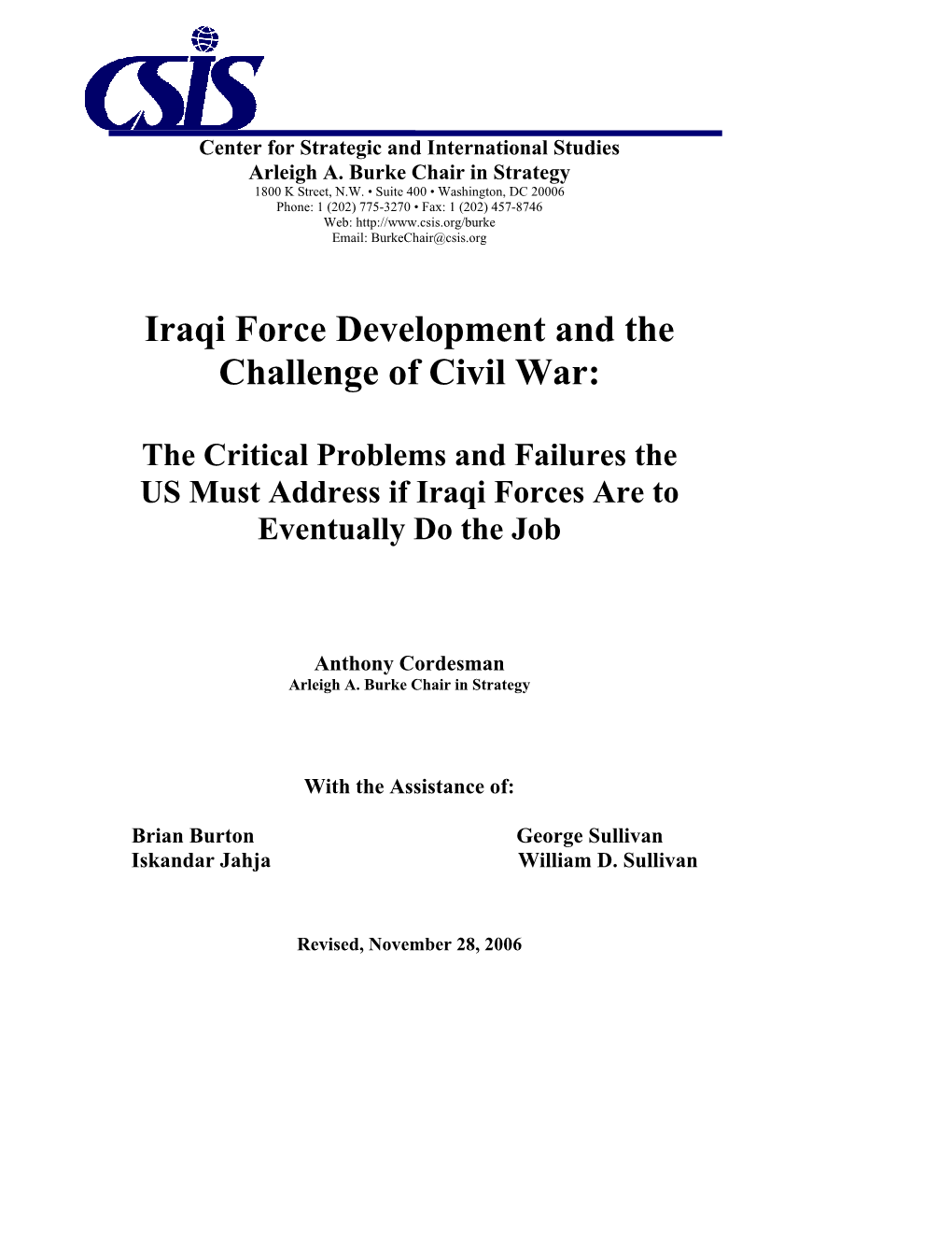 Iraqi Force Development and the Challenge of Civil War